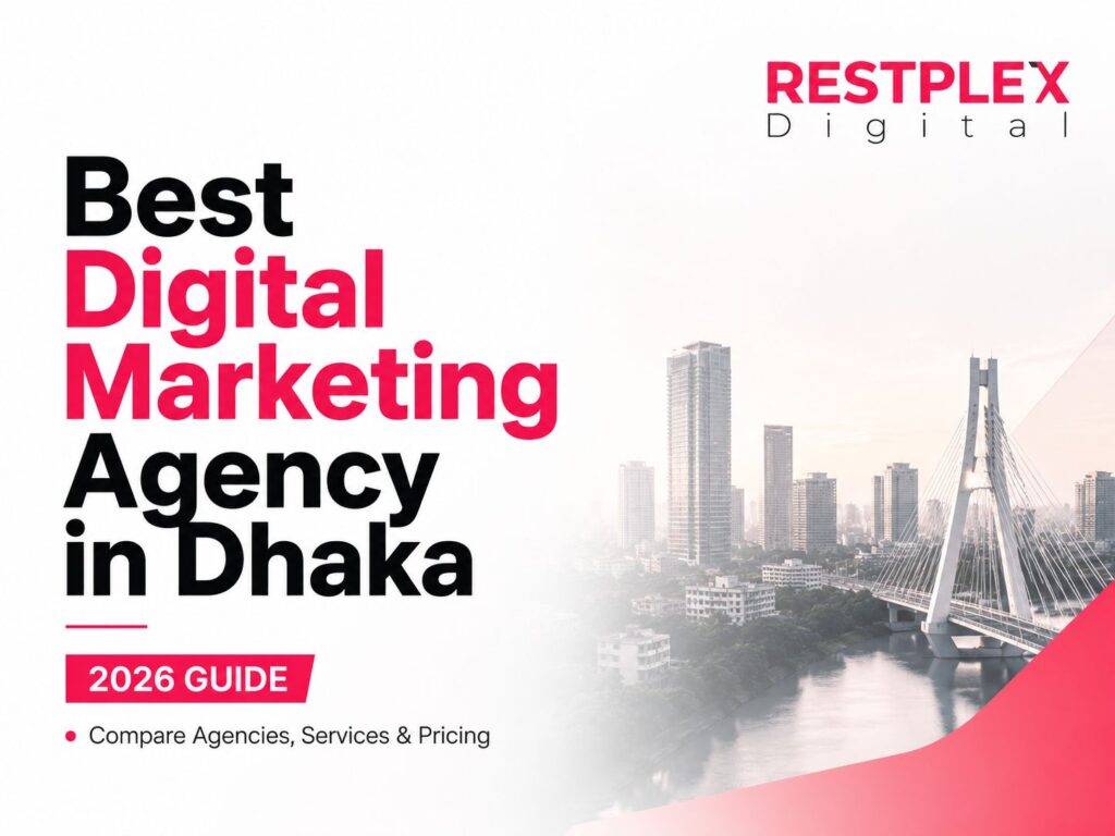 Best Digital Marketing Agency in Dhaka 2026 featured image with RESTPLEX Digital branding and Dhaka city skyline background.